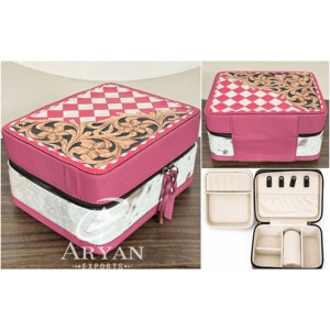 Limited Edition Handmade Western Tooled Cowhide Leather Jewelry Box Checkerboard Cowgirl Travel Ring Storage Case Gift Holder - Product Image 1
