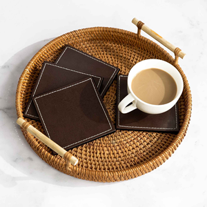 Ensemble de 4 dessous-de-verre ronds en cuir avec bord cousu, multicolores, pour tasses et mugs, nouveaux dessous-de-verre artisanaux en cuir - Product Image 6