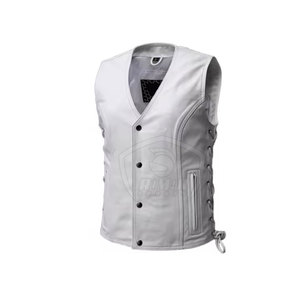 <b>Men's</b> <b>White</b> V-Neck Moto <b>Vest</b> With Side Lacing And Zipper Pocket Breathable Polyester Outerwear Spring Style - Product Image 1