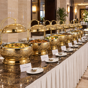 Plat à chafing rond doré avec base géométrique en étoile et couvercle en dôme suspendu – Chauffe-plat de luxe pour buffet et service traiteur - Product Image 4