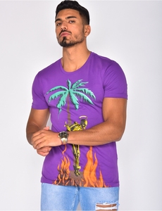 Chemise décontractée à manches courtes pour homme, imprimé palmiers violets, impression numérique, tricot respirant, style été - Product Image 4