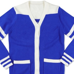 Cárdigan de punto con cuello en V en contraste azul y blanco para mujer, estilo preppy con bolsillos, largo completo, para todas las estaciones. - Product Image 2