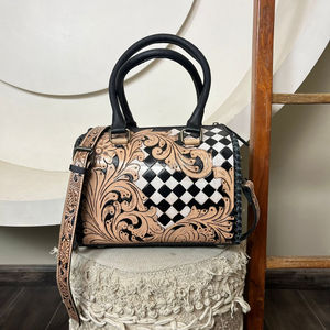 New Premium Vintage Hand Tooled Checkered Cow Leather Speedy Bag for Women's With Designer Floral Carved Pattern Shoulder Bag - Product Image 5
