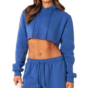 Sudadera con Capucha Corta Azul para Mujer, Talla Extra Grande, Manga Larga, Corte Holgado, Estilo Casual Urbano - Product Image 1
