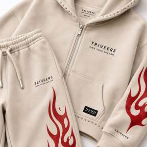 High Quality Unisex Oversized Zip-up Hoodie Joggers Set Red Flame Graphic Streetwear Tracksuit Casual Winter 100% Cotton Set - Product Image 5