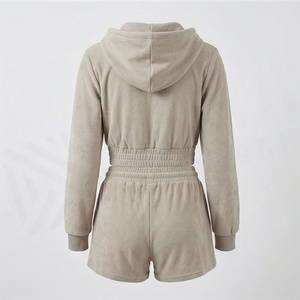 Conjunto de 2 Piezas para Mujer, Sudadera con Capucha y Cierre y Pantalones Cortos, Color Sólido, Informal, Tejido de Algodón, por Encima de la Rodilla - Product Image 2