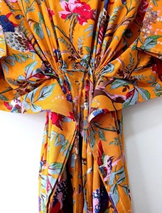 Vestido Kaftan Indio 100% Algodón, Estampado Floral, Cuello en V, Corte en A, Largo hasta la Rodilla, Ligero, Ropa de Playa con Encaje - Product Image 2