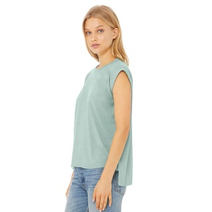 Couleur bleu poussiéreux t-shirt fluide pour femmes avec manchette roulée t-shirt décontracté drapé 65% polyester 35% viscose - Product Image 2