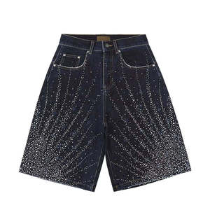 Men's High Waist Denim <b>Shorts</b> Dark Wash Sequined Straight Leg Casual Summer Style - Product Image 1