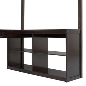 Letto a soppalco in legno massello Espresso con scrivania a U, vani portaoggetti e specchio pieghevole a tre ante, per letto singolo moderno, ideale per l'uso con scala. - Product Image 1
