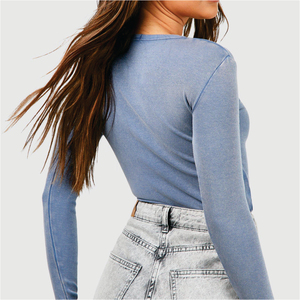 Women's <b>Blue</b> Ribbed Short <b>Sleeve</b> O-Neck T-Shirt with Logo Regular Fit Casual Knitted <b>Top</b> 100% Organic Cotton Eco-Friendly - Product Image 6