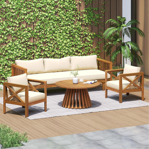 Solid Teak Wood <b>Outdoor</b> <b>Sofa</b> Set with Round Coffee Table for Patio Garden Resort Furniture - Product Image 2