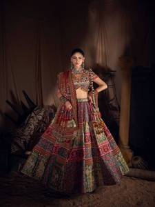 Lehenga traditionnel indien spécial Navratri en coton mousseline gaufré avec véritable travail de miroir, longueur ras du sol, multicolore, dentelle faite main pour les fêtes - Product Image 3