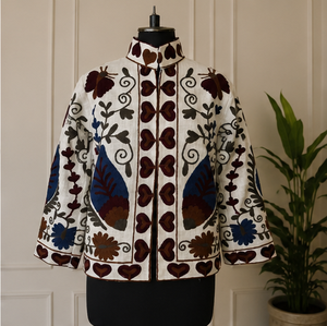 Designer Cream Suzani Cotton <b>Velvet</b> <b>Jacket</b> <b>for</b> <b>Women</b> Handmade Heart Border Floral Embroidery Wholesale Winter Fashion - Product Image 2
