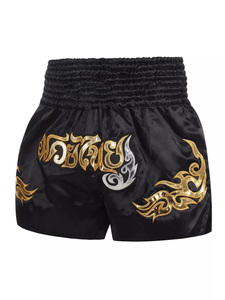 Men's Black Satin Muay Thai Shorts With Gold Embroidery High Waist <b>Elastic</b> Closure Casual Style - Product Image 1