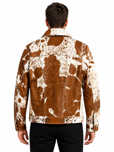 Veste personnalisée pour homme en cuir véritable marron et blanc à imprimé animal, imperméable, respirante, coupe-vent, col rabattu, fermeture à boutons - Product Image 2