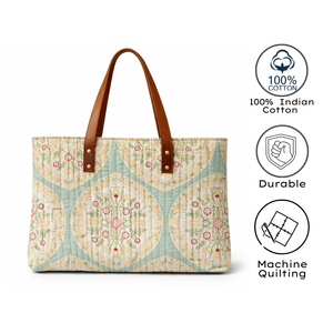 Premium Handmade Bohemian Hand Block Print Quilted Multi Pocket Cotton Tote <b>Bag</b> Floral Pattern Brown Leather Handles All Season - Product Image 3