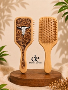 Latest Collection Handmade Hand Tooled Leather Wooden Hair Brush Floral Carving Minimalist Modern Design Rectangle Shape - Product Image 1