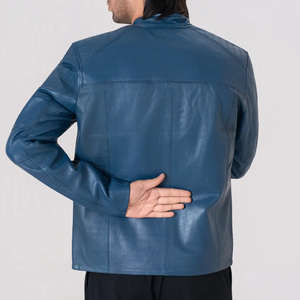 Chaqueta de Cuero Azul para Motociclista Samuel para Hombre - Chaqueta Estilo Cafe Racer Azul - Product Image 4