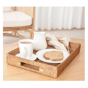 Bandeja de Servir de Estilo Boho de Primera Calidad, Ecológica, Hecha a Mano con Ratán y Asas de Madera para Té, Café, Organizador del Hogar - Product Image 3