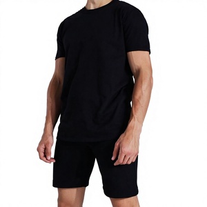 Conjunto de Camiseta y Pantalones Cortos Negros Casuales de Verano para Hombre, Cuello Redondo, Tejido de Punto, Color Sólido, Transpirable, Algodón, Estampado, Alta Calidad, para Entrenamiento - Product Image 3