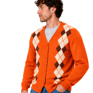 <b>Mens</b> Orange Argyle V Neck <b>Cardigan</b> Knitted <b>Sweater</b> Diamond Pattern Button Front Long Sleeves Classic Casual Warm Knitwear Styles - Product Image 1