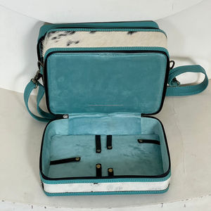 Sac de voyage cosmétique en cuir de vachette véritable fait main avec bandoulière, élégant, portable, double compartiment pour bijoux - Product Image 6