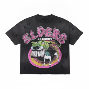 T-shirt en coton noir surdimensionné pour homme Elders Records avec imprimé graphique chien, col rond, manches courtes, style streetwear, coupe jersey - Product Image 1