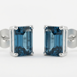 <b>Blue</b> Emerald Cut <b>Stud</b> <b>Earrings</b> 925 Silver Claw Setting for Women's Wedding Gift - Product Image 1