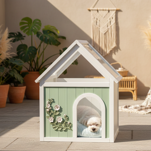 Maison pour chat d'intérieur en cèdre avec toit en acrylique transparent, design américain moderne blanc menthe, maison pour animaux toutes saisons avec motif floral - Product Image 1