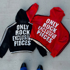 Sweat à capuche zippé triple couche personnalisé style streetwear, délavé à l'acide, vintage, coupe ample et carrée, effet usé, avec strass - Product Image 3