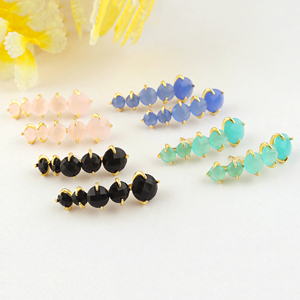 18k Gold Plated <b>Black</b> Onyx Chalcedony Gemstone <b>Stud</b> <b>Earring</b> Women's Round Cut Latest Style Fashion Accessories Elegant Jewelry - Product Image 4