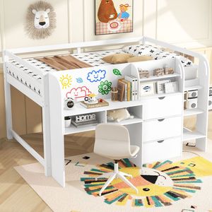 Letto a soppalco basso bianco a una piazza e mezza con scrivania integrata, armadietti contenitori, libreria aperta e lavagna bianca per graffiti - Letti per bambini ETA 7/8 - Product Image 3