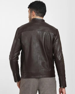 Blouson moto homme en cuir véritable marron foncé, coupe ajustée, fermeture éclair, col montant, vêtement d'extérieur pour l'automne - Product Image 3