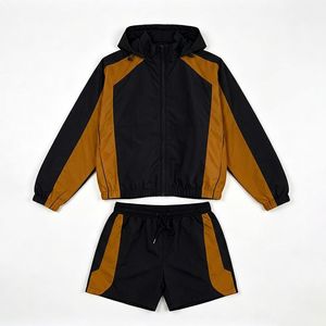 Men's Contrast Panel Windbreaker Jacket and Shorts Set Lightweight Hooded Training Activewear - Product Image 2