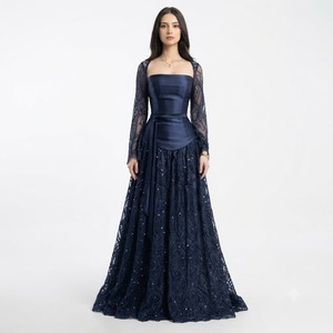 Vestido de noche de encaje con cuentas azules, largo hasta el suelo, vestido formal con cuello cuadrado y manga larga, vestido de fiesta y boda - Product Image 1