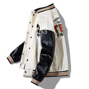 Veste de haute qualité pour homme à épaules tombantes, manches en cuir PU, logo brodé, fermeture à boutons sur le devant, veste varsity old school - Product Image 3