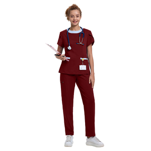 2026 Premium Women Medical <b>Scrub</b> Tops Set Polyester Woven Hospital <b>Uniforms</b> for Nurses with Stethoscope and ID Badge Pockets - Product Image 5