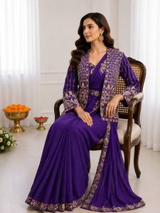 Conjunto de Saree Morado Bordado en Seda Crepé, Traje Formal Pakistaní para Mujer, Ideal para Bodas y Festivales como Diwali - Product Image 3