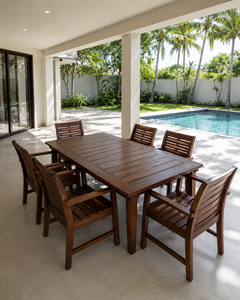 Ensemble de salle à manger d'extérieur moderne en teck massif, table et chaises pour patio, jardin, villa, hôtel, mobilier de resort - Product Image 1