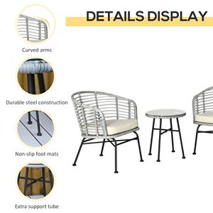 Set da bistrot da patio in rattan bianco crema da 3 pezzi con sedie imbottite e tavolino da caffè in vetro - Product Image 4