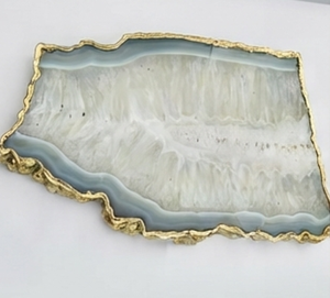 Elegant Serving Tray With Gold <b>Edged</b> <b>Border</b> Polished Natural Stone Decorative Resin Finish Perfect For Home Restaurants And Gift - Product Image 1