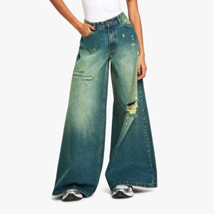 Jean en denim pour femme, taille mi-haute, coupe ample, couleur unie, délavé, jambe large, pour l'hiver, style streetwear tendance, confortable, décontracté, séchage rapide - Product Image 6