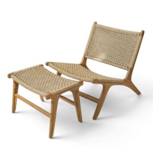 Ensemble de canapés de jardin en teck massif authentique, chaise longue et ottoman, luxe minimaliste, dossier en corde tressée, fauteuils individuels - Product Image 1