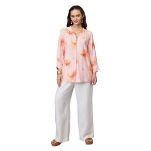 Camisa transpirable con estampado floral tropical para mujer, cuello en V, manga corta, abotonada, informal, para la playa - Product Image 1