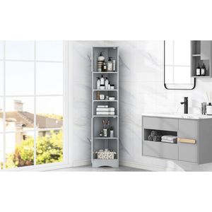 Gabinete de almacenamiento de baño alto gris con estante abierto con dos puertas y estantes ajustables Unidad de esquina multifuncional - Product Image 4