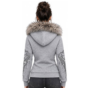 Sweat-shirt à capuche zippé pour femme avec bordure en fausse fourrure, imprimé pailleté, sequins, tricoté pour l'hiver, coupe classique, manches longues - Product Image 3