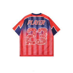 Men Trendy American Football Jersey Rhinestone shaded Blue <b>Red</b> Gradient Mesh V-Neck <b>Glitter</b> Bling Sparkly Team Sportswear Shirt - Product Image 3