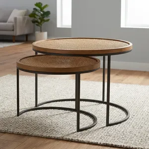 Modern Handmade Round Wooden Side <b>Table</b> with Iron Legs <b>Nesting</b> Design Rajasthan Living Room Furniture - Product Image 1