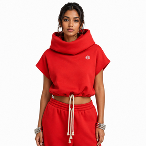Women's Cropped Funnel Neck Sweatshirt Cotton Fleece Sleeveless Drawstring Hem Oversized Casual Pullover Private Label Hoodies - Product Image 1